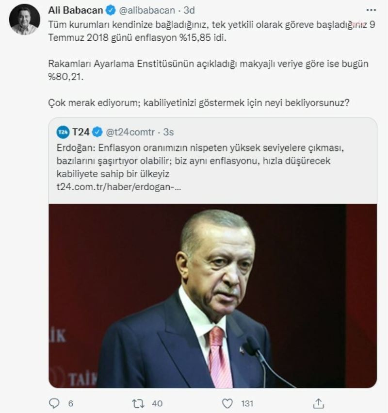 BABACAN’DAN CUMHURBAŞKANI ERDOĞAN’A 