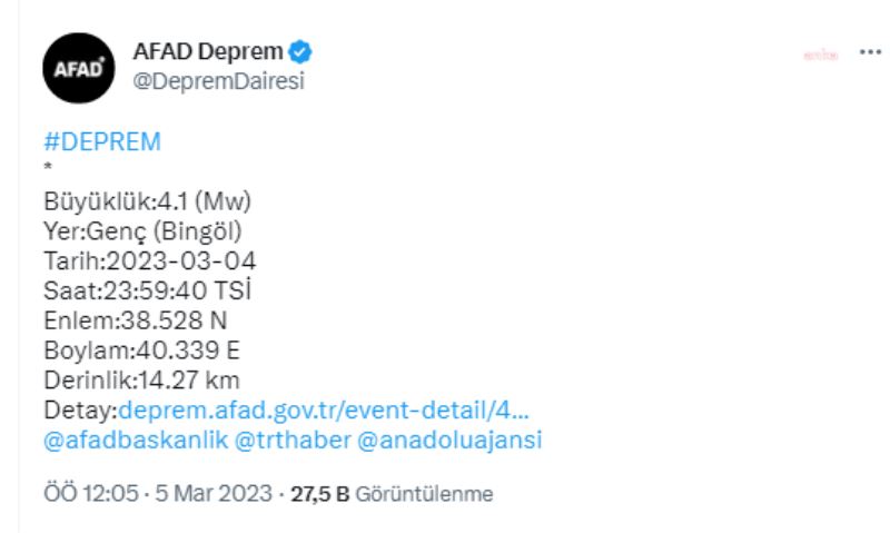 BİNGÖL’ÜN GENÇ İLÇESİNDE 4.1 BÜYÜKLÜĞÜNDE DEPREM OLDU