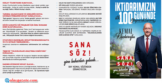 MİLLET İTTİFAKI CUMHURBAŞKANI ADAYI KEMAL KILIÇDAROĞLU’NDAN, “İKTİDARIMIZIN İLK 100 GÜNÜNDE YAPACAKLARIMIZ” BAŞLIKLI BROŞÜR